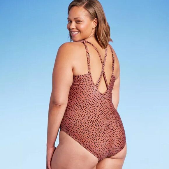 New Kona Sol Spotted Print High Neck Ruched One Piece Swimsuit Woman's 16 - Picture 2 of 10